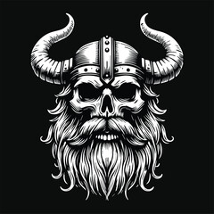 Dark Art Viking Skull Head with Viking Hat and Beard Black and White Illustration