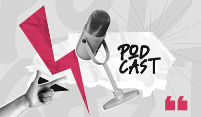 Trendy Halftone Collage Podcast Poster with Studio Microphone and Woman Hand. Broadcast recording. Listen to educational content. Online radio. Audio streaming service. Contemporary vector art