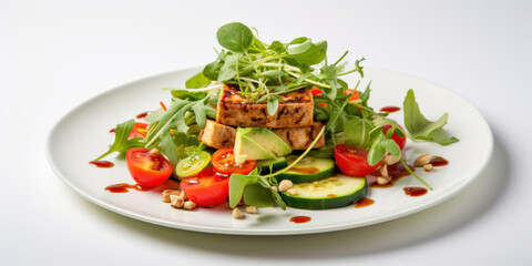 A vegan tofu salad with vegetables on white plate. Top view