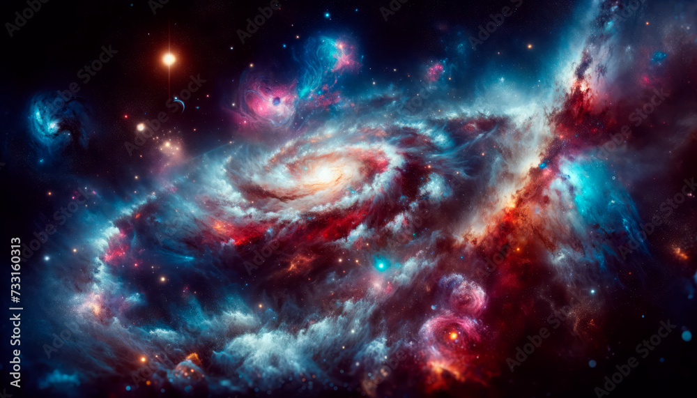 Poster swirling galaxy with interstellar cloud formations and bright celestial bodies. generative ai