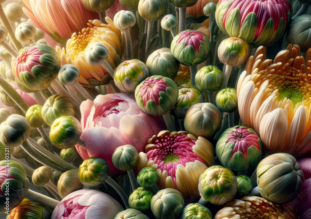 Wall mural budding and blooming flowers in a dynamic array of colors and textures. generative ai