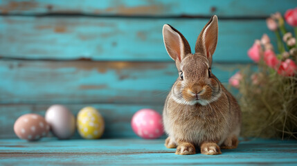 A delightful brown rabbit sits amongst painted Easter eggs, against the backdrop of a rustic blue wooden panel, embodying the festive spirit of spring.

