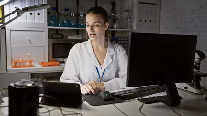 Young blonde woman researcher working in a laboratory with computer and microscope