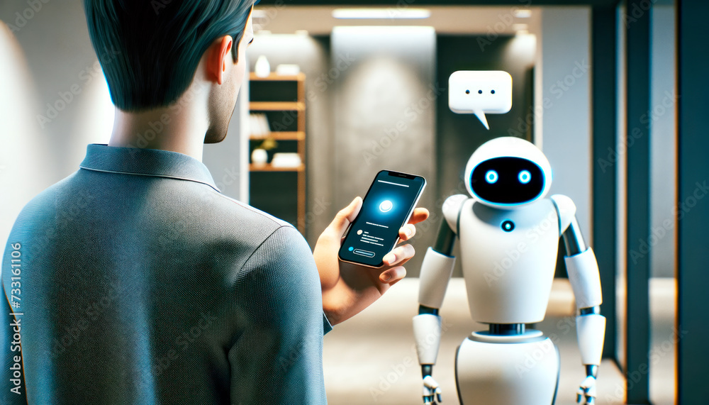 Aufkleber Individual engaging with an artificial intelligence robot via smartphone in a modern setting. Connectivity concept. Generative AI