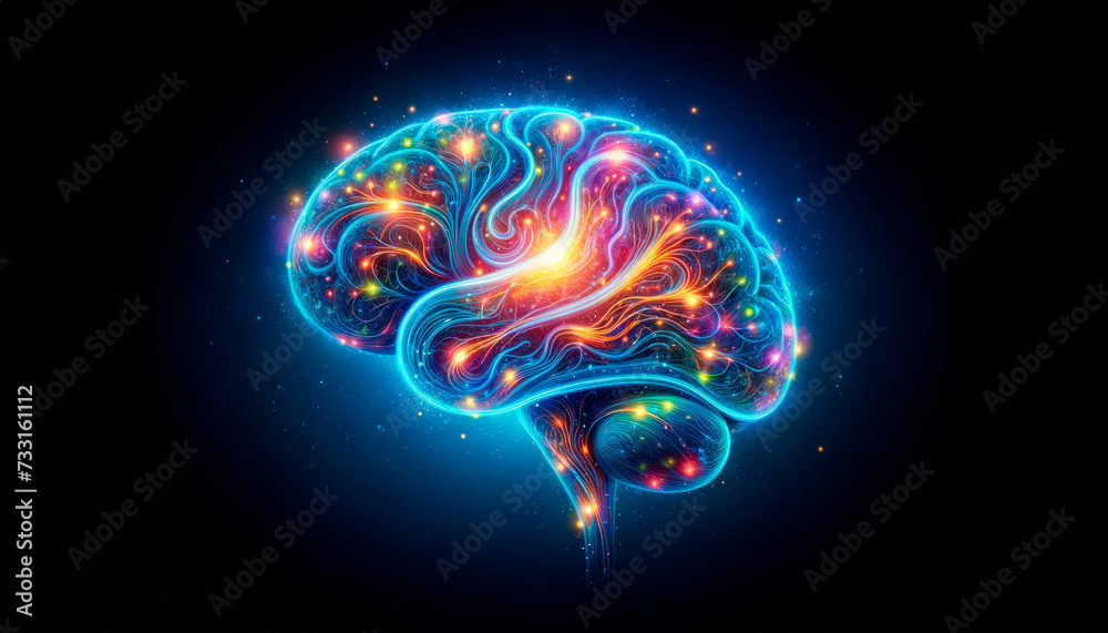 Aufkleber Radiant brain with dynamic swirls representing artificial intelligence and machine learning. Technological evolution concept. Generative AI