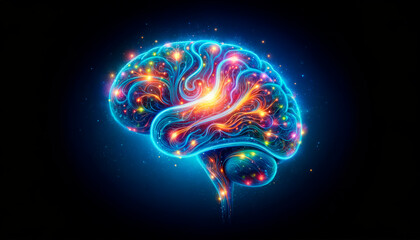 Radiant brain with dynamic swirls representing artificial intelligence and machine learning. Technological evolution concept. Generative AI