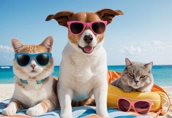 Cheerful cat and dog lounging in the summer sun at the beach in sunglasses