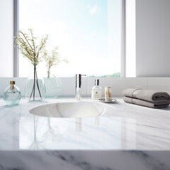 Empty marble table top for product display with blurred bathroom interior background. White bathroom interior.
