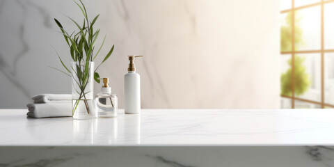 Empty marble table top for product display with blurred bathroom interior background. White bathroom interior. - obrazy, fototapety, plakaty