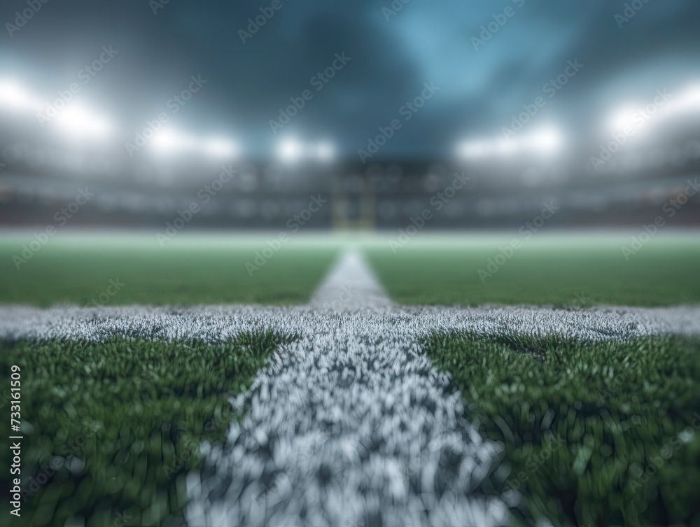 Poster football field with a focus on the center line under stadium lights, creating a dramatic effect. gen