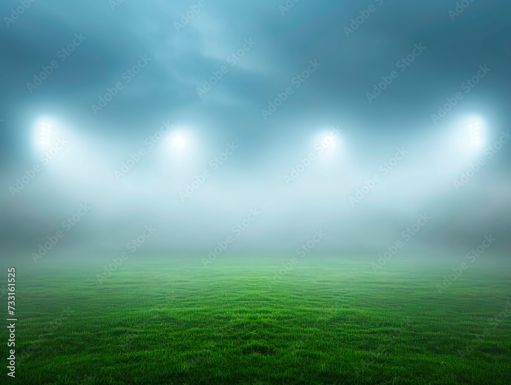 Poster foggy football stadium with soft focus on the lush green field under diffused stadium lights. genera