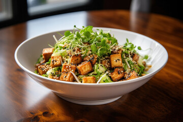 Fried tofu salad with sprouts and sesame seeds in white bowl. .Vegan food.