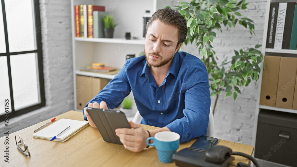 Wall mural Young hispanic man business worker using touchpad thinking at the office