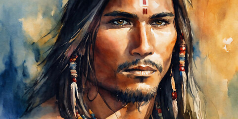 Native american young man watercolor - AI generated - obrazy, fototapety, plakaty