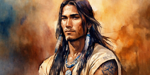 Native american young man watercolor - AI generated - obrazy, fototapety, plakaty