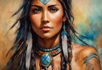 Native american young woman watercolor - AI generated - obrazy, fototapety, plakaty