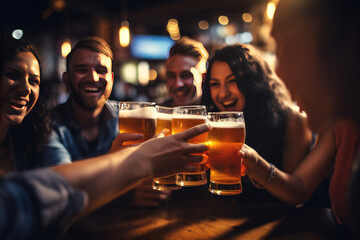 Group of people cheering and drinking beer at bar pub table - Happy young friends enjoying happy hour at brewery. - obrazy, fototapety, plakaty