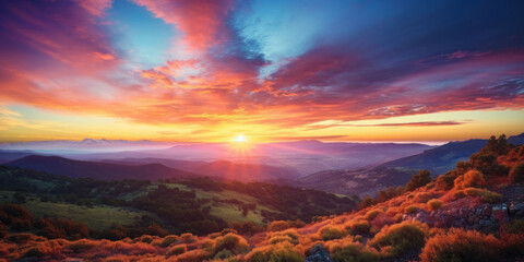 Majestic sunrise or sunset landscape with stunning nature's light and rolling colorful clouds.