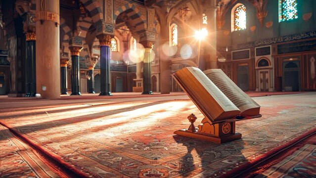 beautiful view inside the mosque with the quran, seamless looping 4k time lapse, animation video background