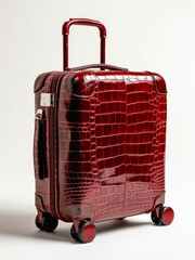 Dark red leather suitcase on white background.