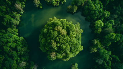 Aerial view on a green forest with city soil, green environment and central business district.