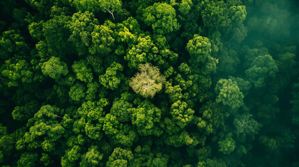 Aerial view on a green forest with city soil, green environment and central business district. - obrazy, fototapety, plakaty