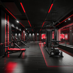Fitness Chic: Sleek Studio with Black and Crimson Palette