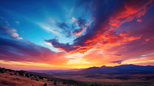 Majestic sunrise or sunset landscape with stunning nature's light and rolling colorful clouds. © Wararat