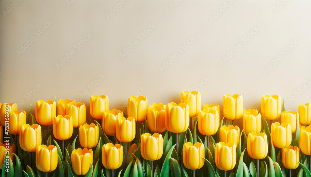 Poster lush yellow tulips against a cream background symbolizing spring and joy. generative ai