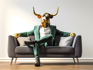 Metaphore of businessman with bull head. Bullish trend of stock market concept