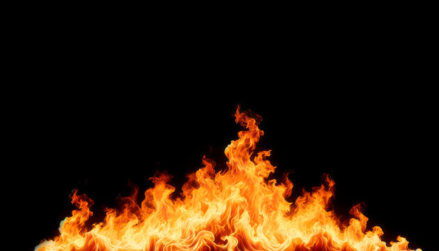 Intense flames rising against a black backdrop. Realistic fire texture. Generative AI