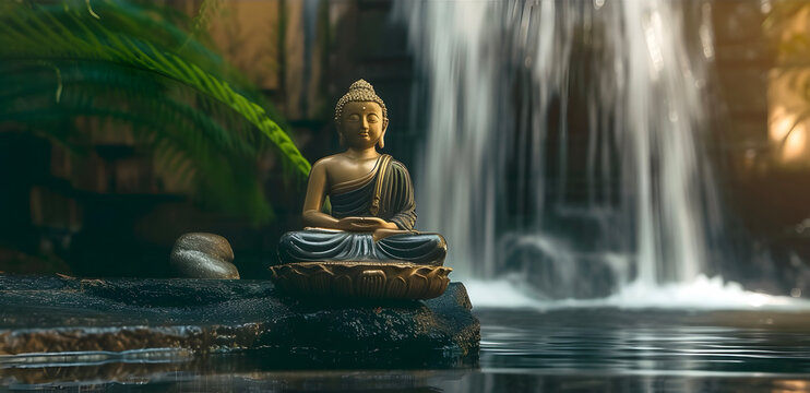 Meditating Buddha statue at beautiful waterfall in the jungle