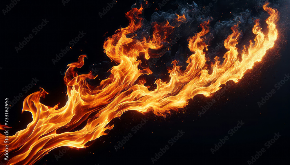Poster sweeping orange flames over black, simulating a fluid fire wave. abstract fire pattern. generative a