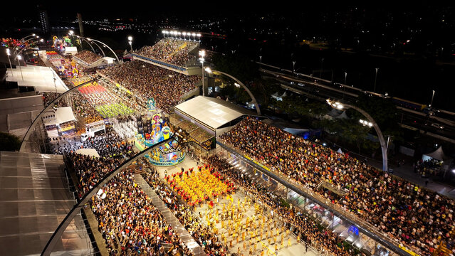 Carnival Ride In Sao Paulo Brazil. Carnival Parade. Samba Schools Party. Sao Paulo Brazil. Anhembi Sambadrome. Carnival Ride In Sao Paulo Brazil. Amazing Aerial View.