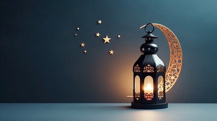 Golden crescent moon light with lantern and stars. Themed of Ramadan Kareem concept background.