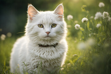 Obraz premium A cute white cat in grass