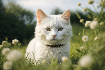 Naklejka na ściany i meble A cute white cat in grass