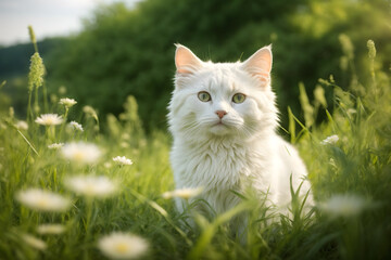 A cute white cat in grass