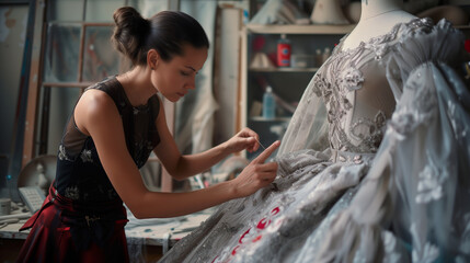 Fototapeta na wymiar Fashion designer in a workshop sewing a dress she designed herself