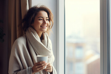 Fototapeta premium A happy young woman enjoying in her coffee time by the window in cold day.