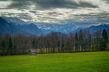 View to the Estergebirge, Wetterstein and Ammergauer mountains, Bavarian Alps, Bavaria, Gernany, Europe