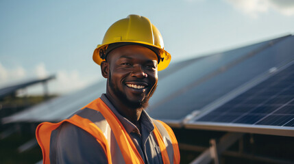 A male solar technician skilled worker in renewable energy solar farm jobs.