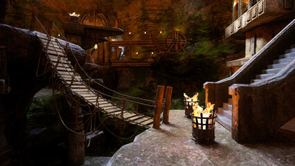 Obraz premium Rope bridge across a chasm in a large underground fantasy cave. Mountain home of the dwarfs. 3D illustration.