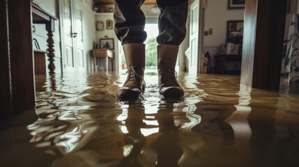 close up of a man in rubber boots stands in a flooded house. - obrazy, fototapety, plakaty