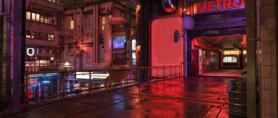 Wide cinematic panorama of a futuristic cyberpunk city at night. 3D render. © IG Digital Arts