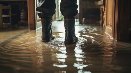 close up of a man in rubber boots stands in a flooded house.