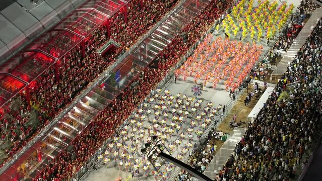 Carnival Parade In Sao Paulo Brazil. Carnival Parade. Samba Schools Party. Sao Paulo Brazil. Anhembi Sambadrome. Carnival Parade In Sao Paulo Brazil. Amazing Carnival Rides Aerial View.