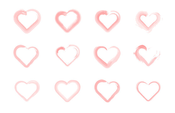 Watercolor hearts in brush style isolated on white background