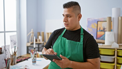 Fototapeta premium Passionate young latin artist drawing on touchpad amidst the vibrant hum of art studio