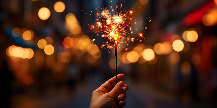 Firework Stick Sparkler On Hand At Night